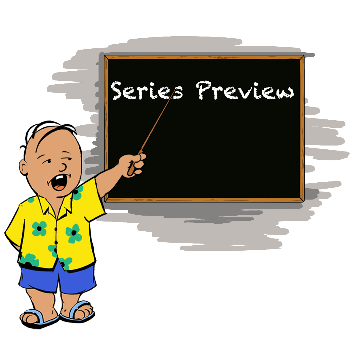 Educational chalkboard displaying podcast series information