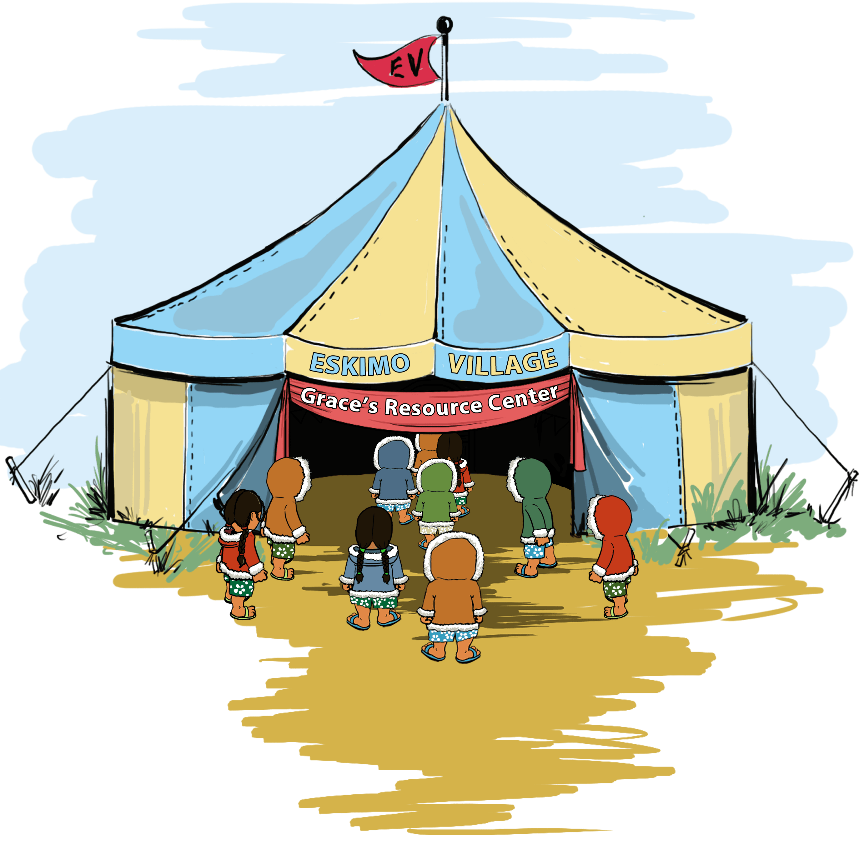 Community gathering in a traditional tent for Q&A sessions